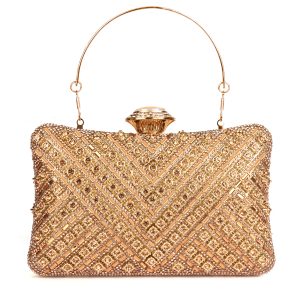 Detailed product features of silver evening clutch