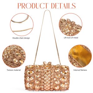 Tarleyso Beauty crystal evening clutch with product details.