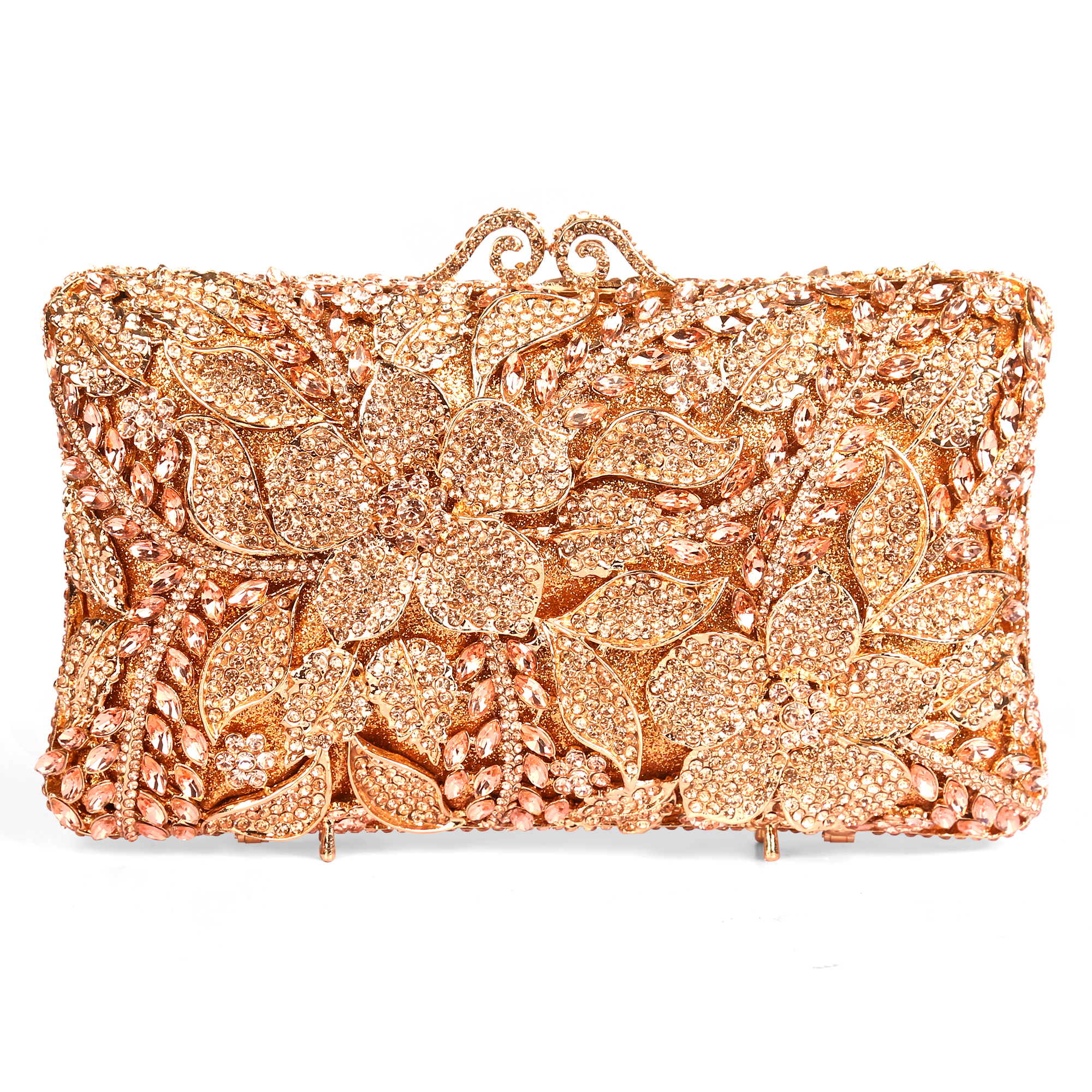 Exquisite rose gold floral crystal evening clutch bag.